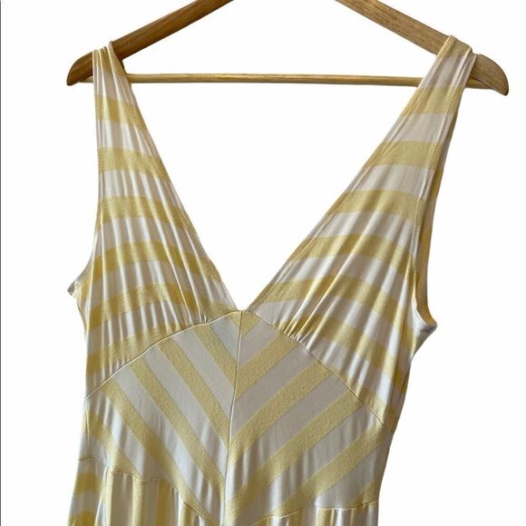 Yellow & Cream Striped Stretch Deep V MIDI Dress M - Picture 2 of 8